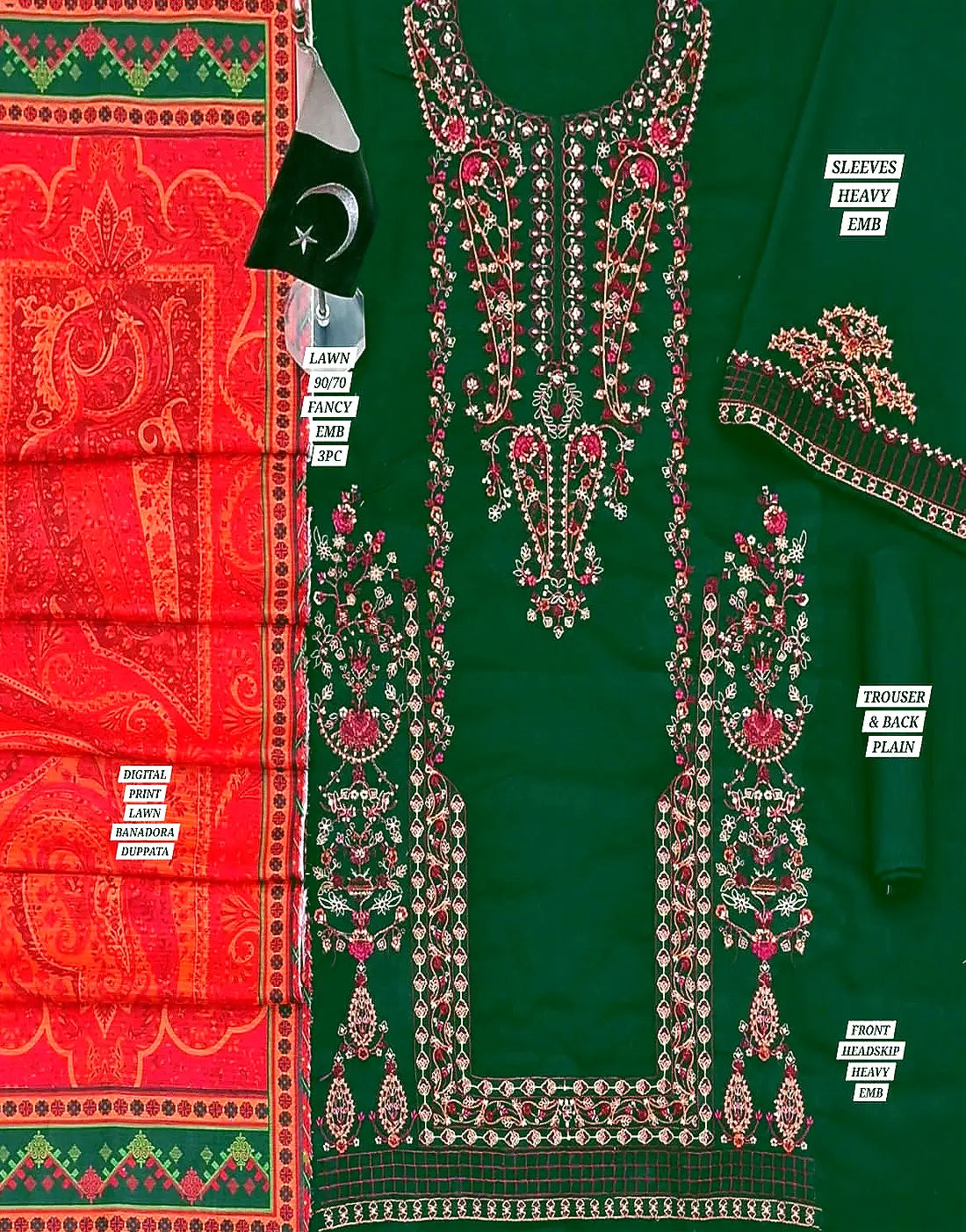 Heavy Embroidered Bottle Green Lawn Dress with Digital Print Bana Dora Dupatta