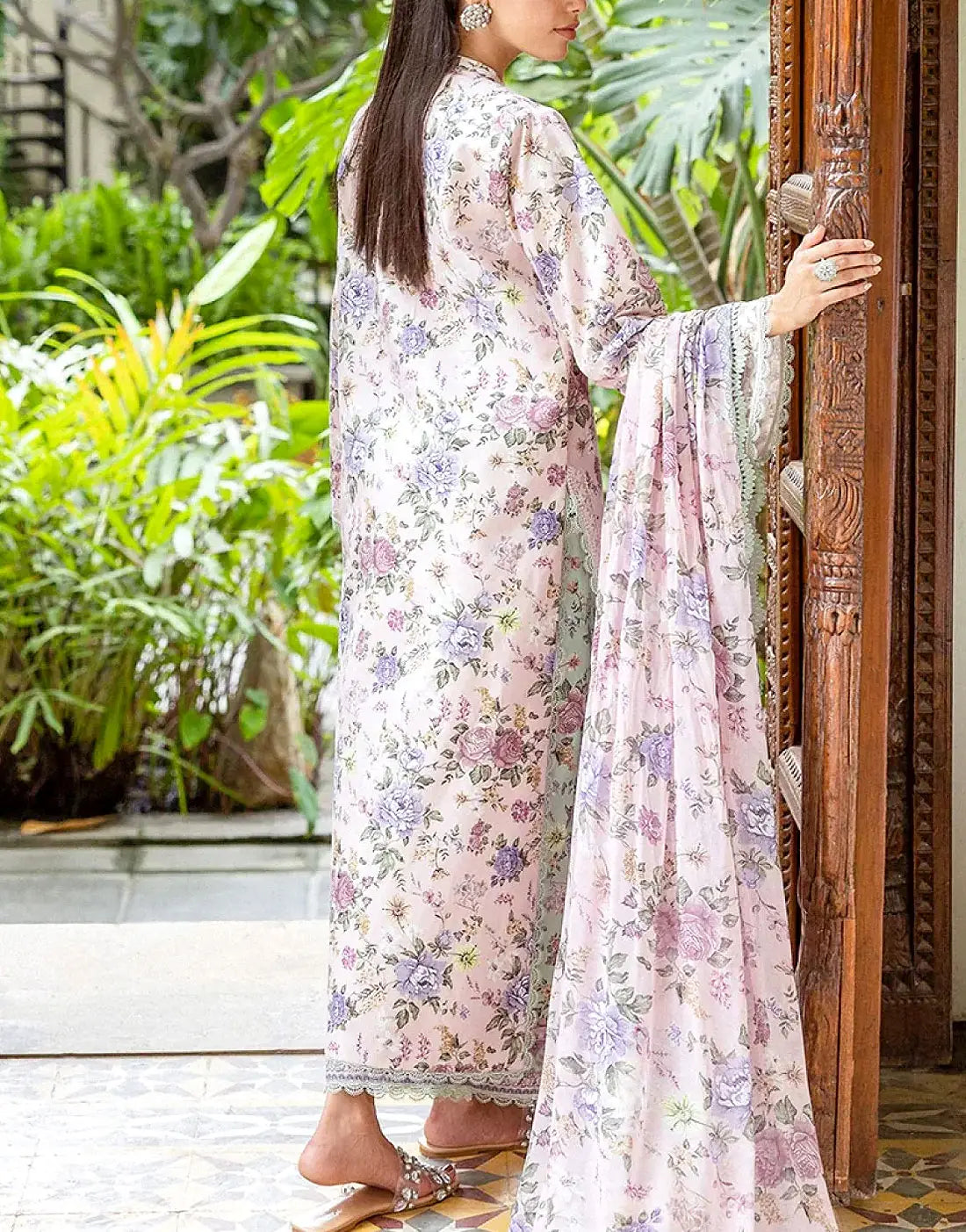 All-Over Floral Print Embroidered EID Lawn Suit with 4-Side Emb. Chiffon Dupatta