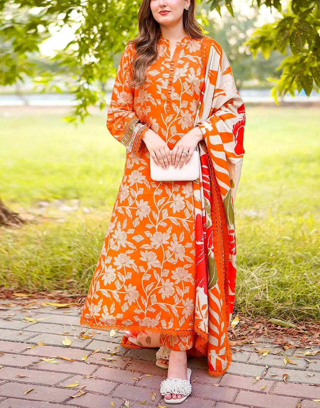 Trendy All-Over Print Embroidered EID Lawn Dress Design for Girls with Emb. Chiffon Dupatta