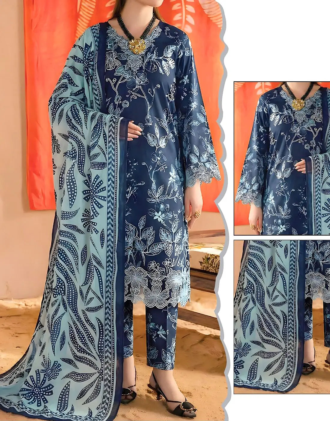 Trendy All-Over Print Embroidered EID Lawn Suit with Emb. Chiffon Dupatta