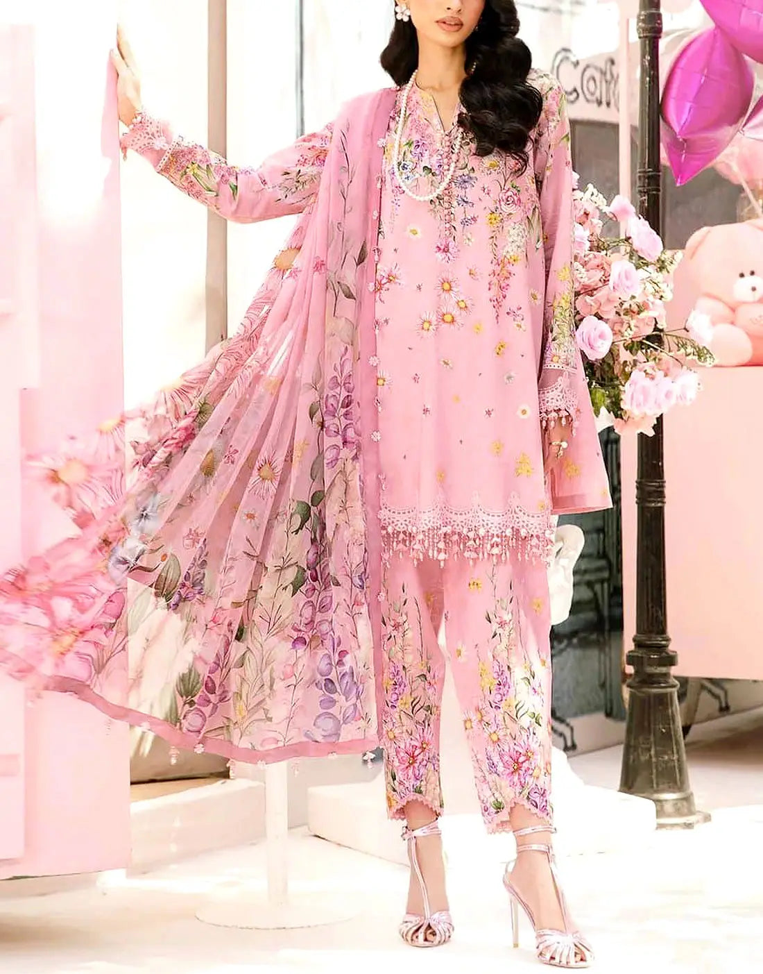 All-Over Print Embroidered EID Lawn Dress Design with Chiffon Dupatta