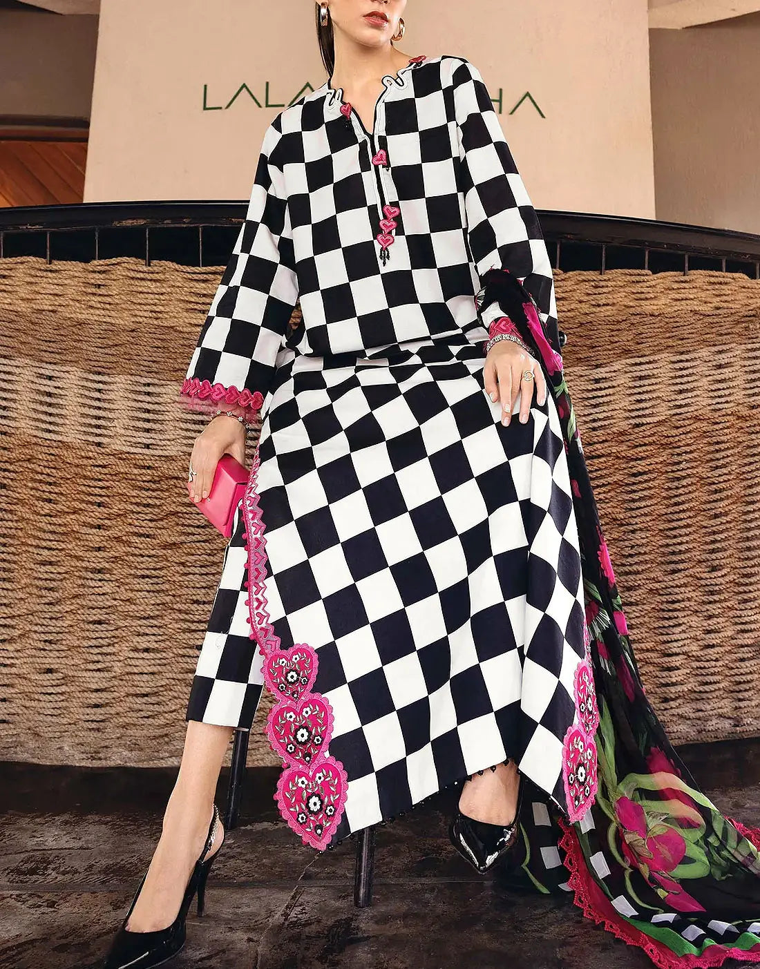 All-Over Checkerboard Print Embroidered Lawn Dress for EID & Party Wear
