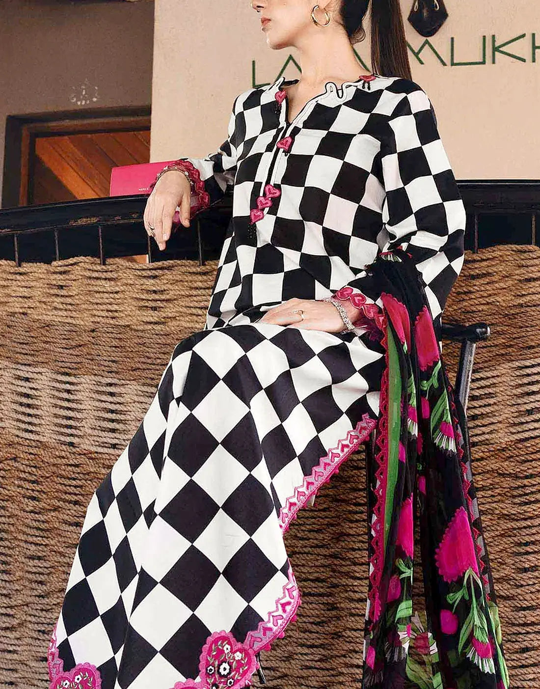 All-Over Checkerboard Print Embroidered Lawn Dress for EID & Party Wear
