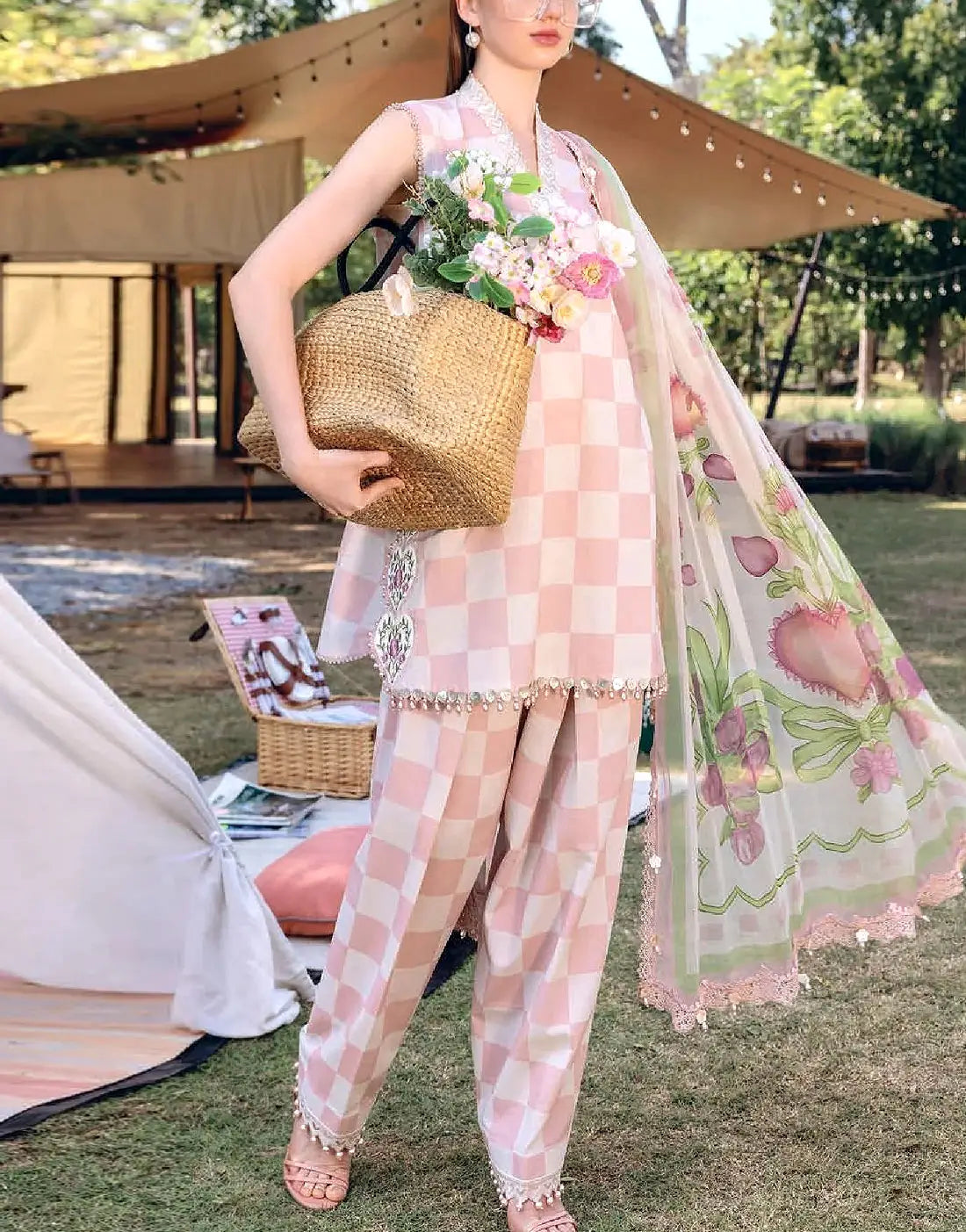 All-Over Checkerboard Print Embroidered Lawn Dress for EID & Party Wear