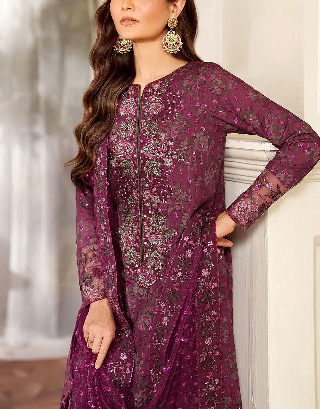 All-Over Print Sequins Embroidered EID Lawn Dress with Chiffon Dupatta
