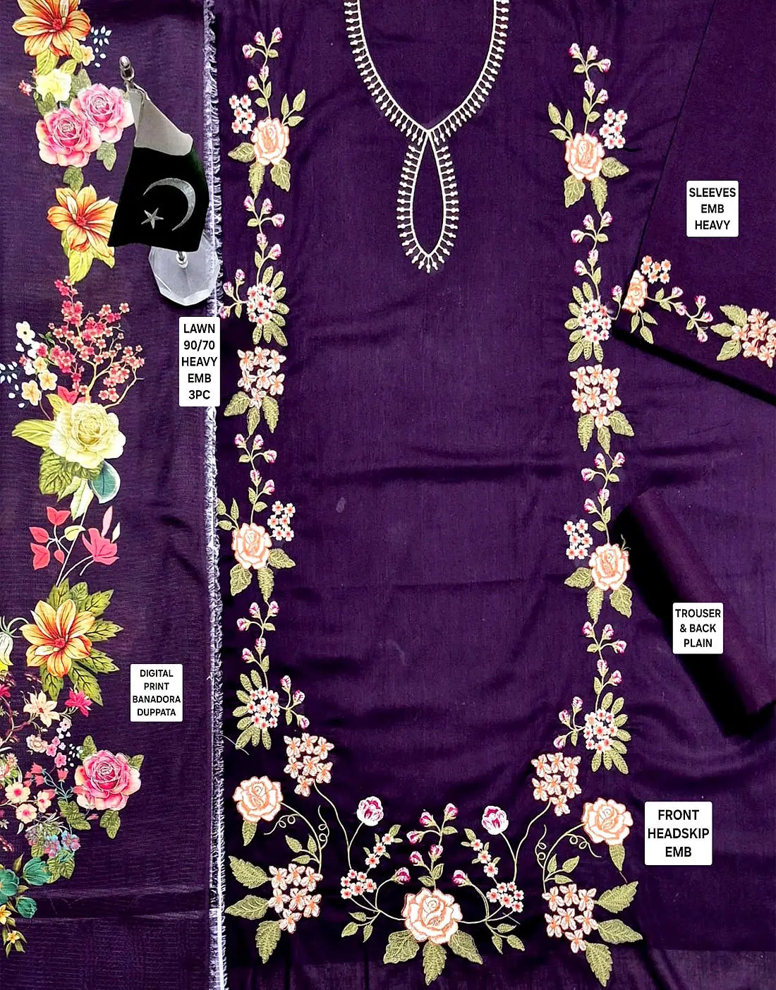 Trendy Embroidered Deep Purple EID Lawn Dress with Digital Print Banadora Dupatta