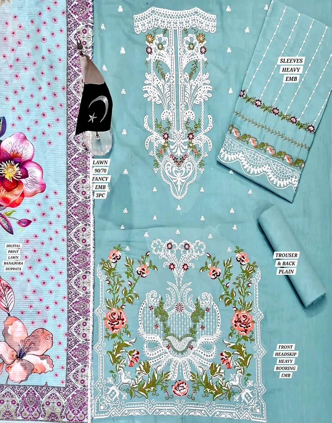 Luxury Schiffli Embroidery EID Lawn Dress with Digital Print Bana Dora Dupatta