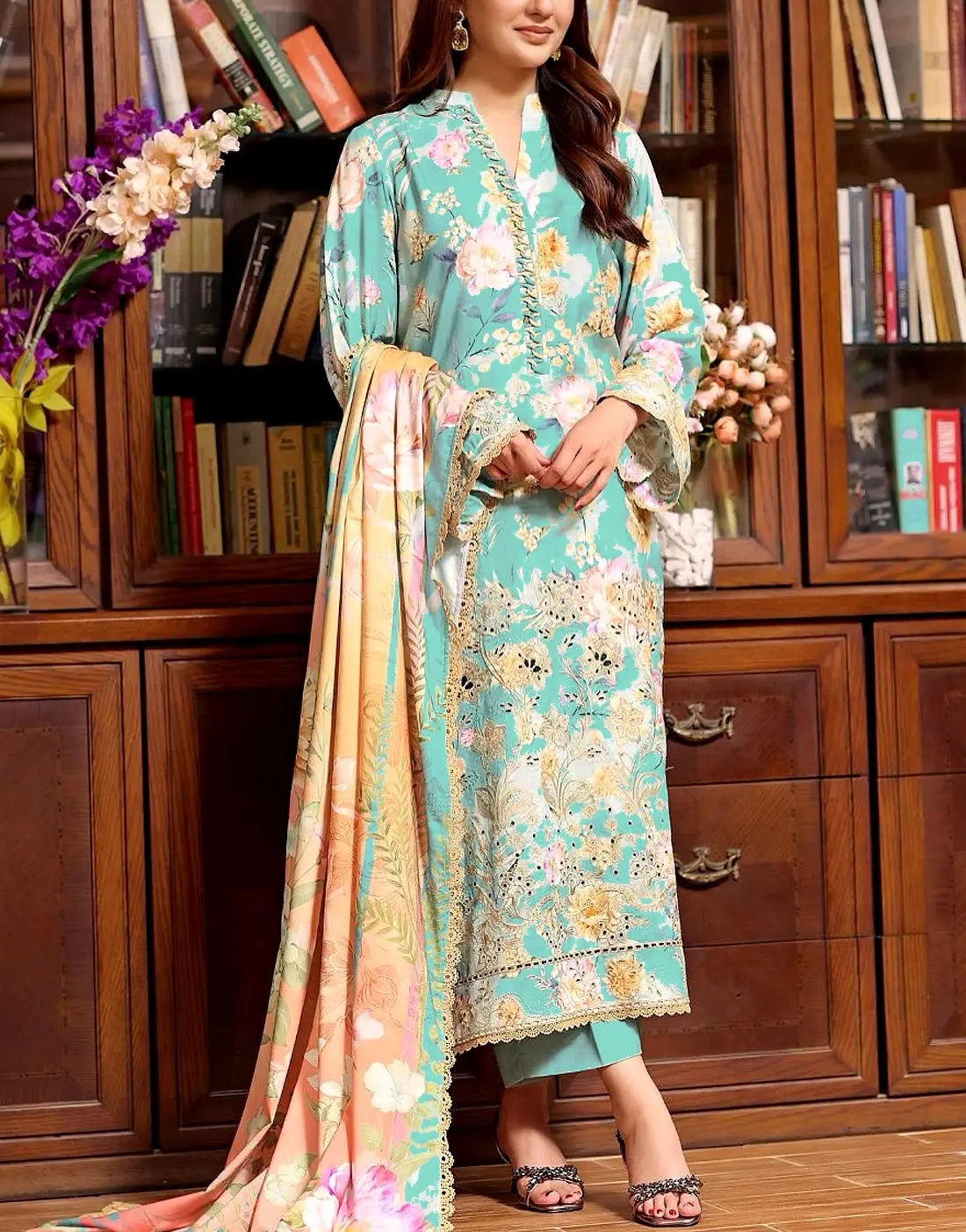 All-Over Print Schiffli Embroidered Lawn Dress with Emb. Chiffon Dupatta