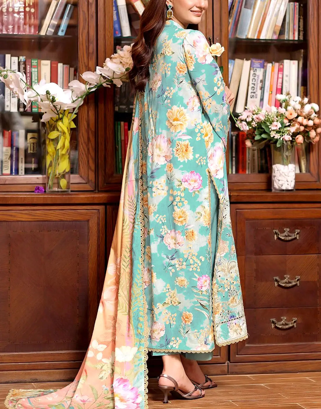 All-Over Print Schiffli Embroidered Lawn Dress with Emb. Chiffon Dupatta