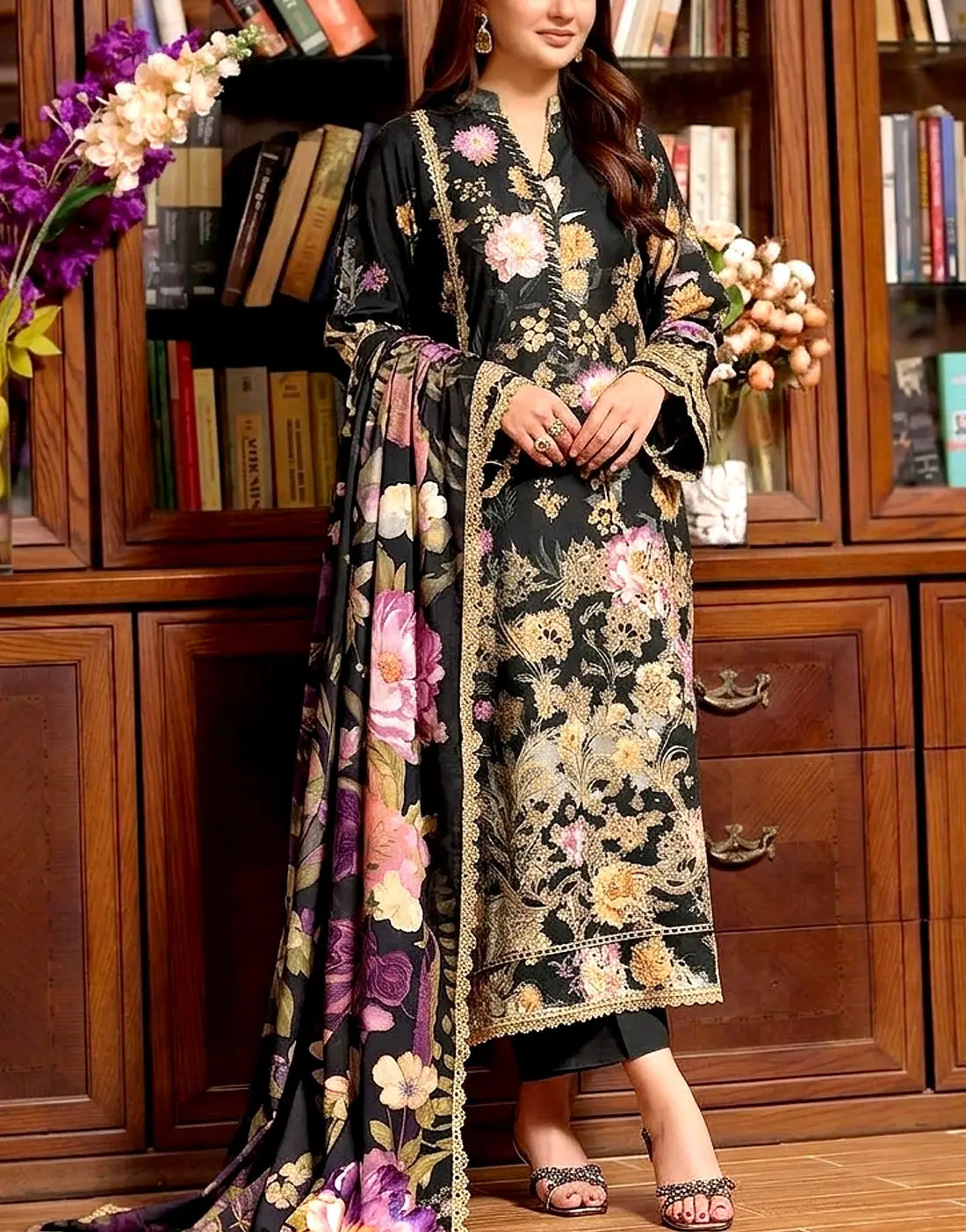 All-Over Print Schiffli Embroidered Black Lawn Suit with Emb. Chiffon Dupatta