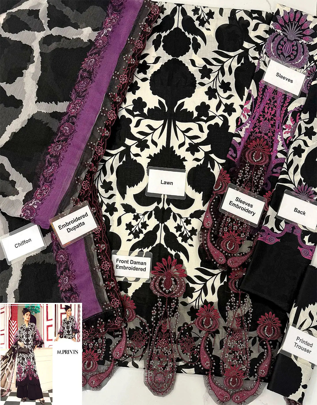 All-Over Print Embroidered Lawn Dress Design with Emb. Chiffon Dupatta