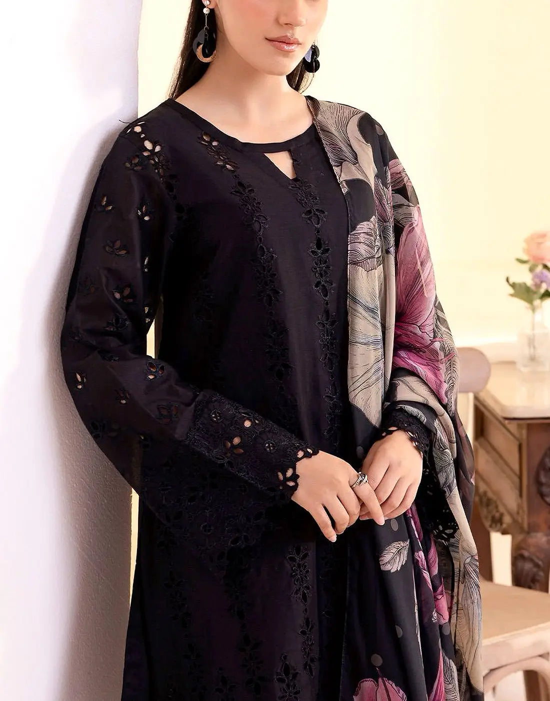 Heavy Chikankari Embroidered Black Lawn Dress with Printed Silk Dupatta