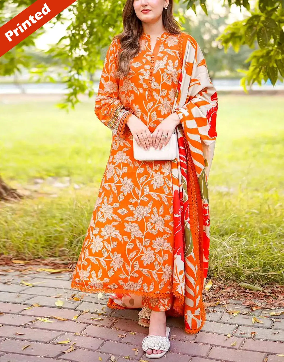 All-Over Print 3-Piece Lawn Dress for Girls with Soft Chiffon Dupatta