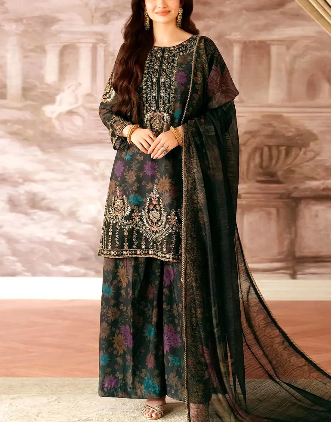 All-Over Print Heavy Embroidered Lawn Dress with Emb. Chiffon Dupatta