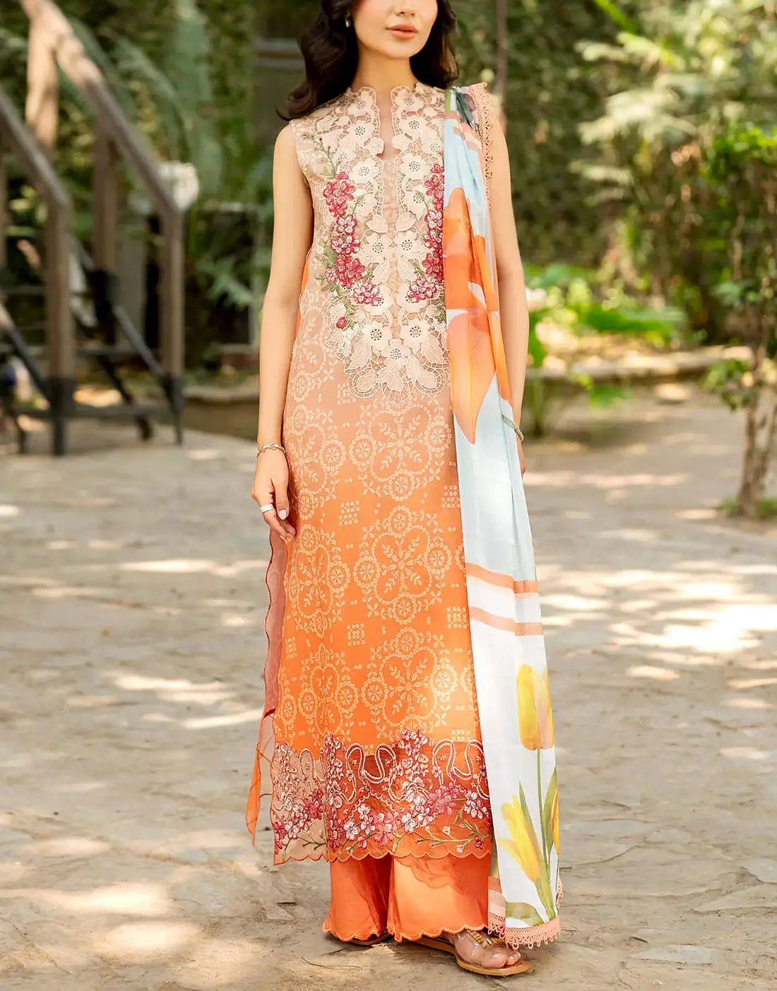 All-Over Print Embroidered Lawn Suit Design with Emb. Chiffon Dupatta