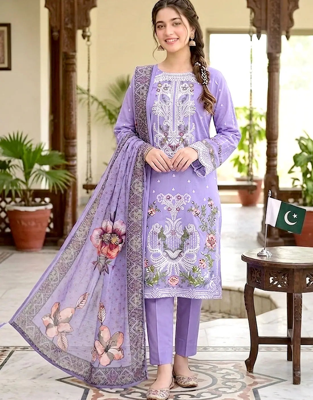 Heavy Schiffli Embroidered Lawn Dress with Digital Print Banadora Dupatta