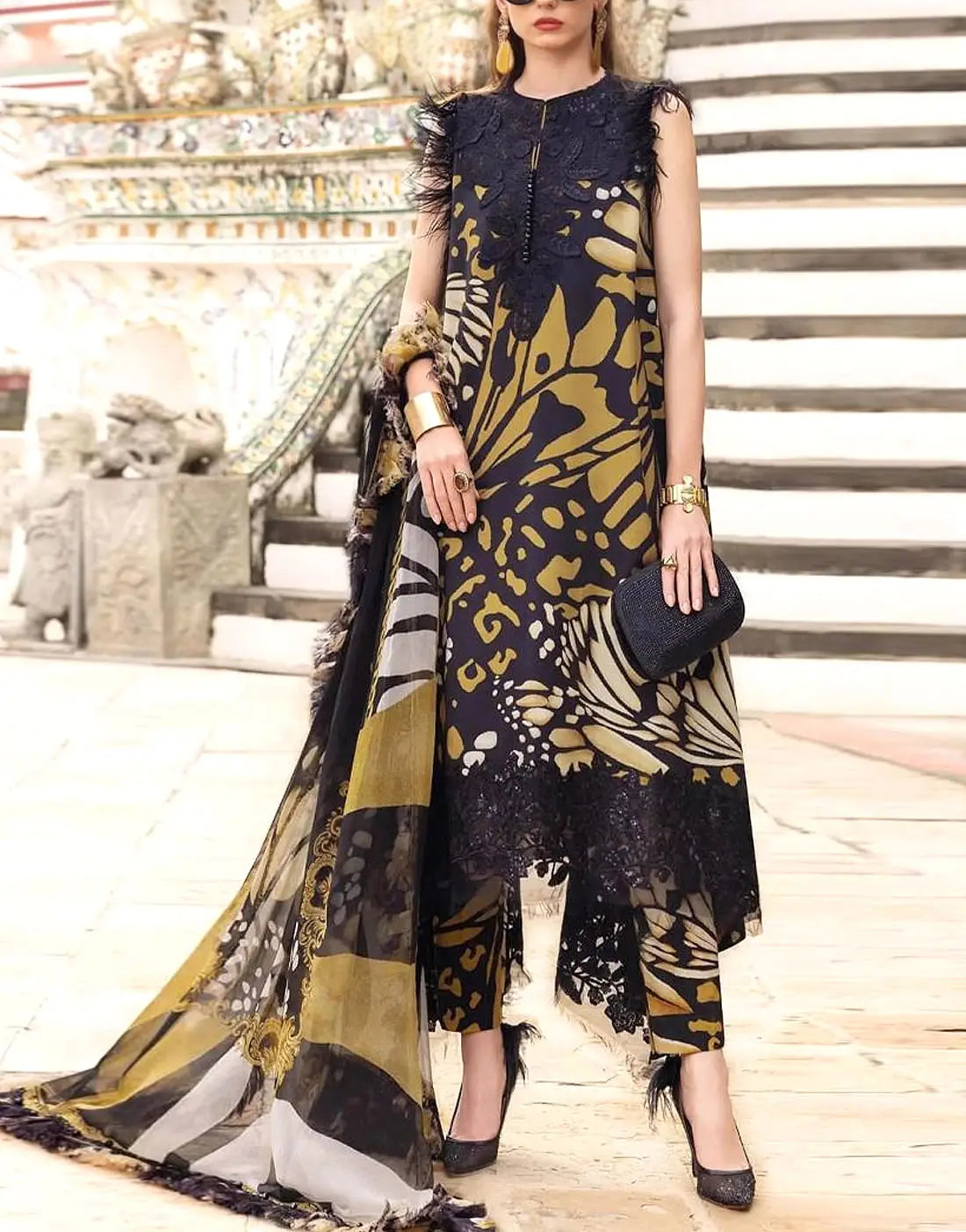 All-Over Butterfly Print Embroidered Lawn Dress with Emb. Chiffon Dupatta