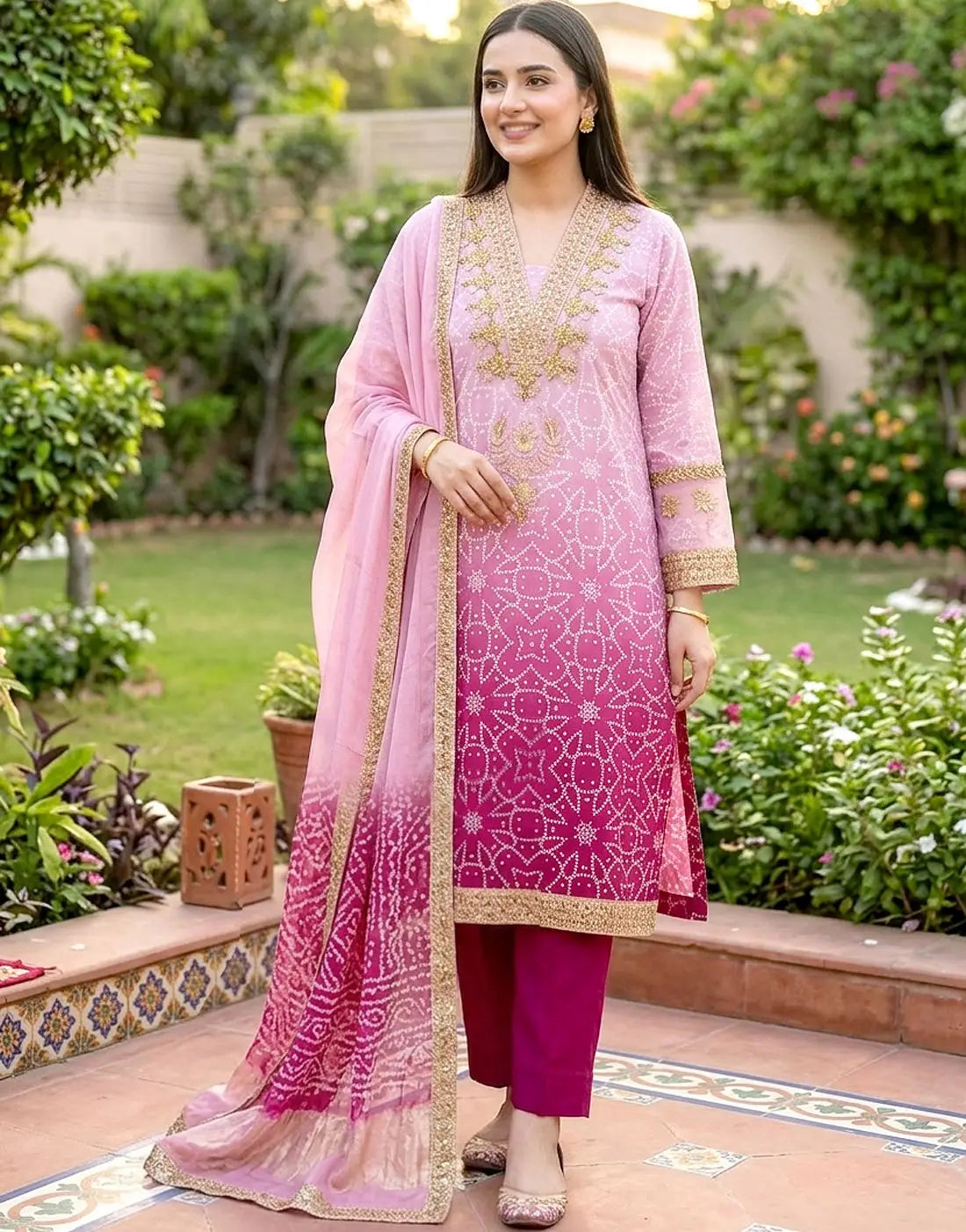 Digital Chunri Print Embroidered Ombre Lawn Dress Design with Chiffon Dupatta