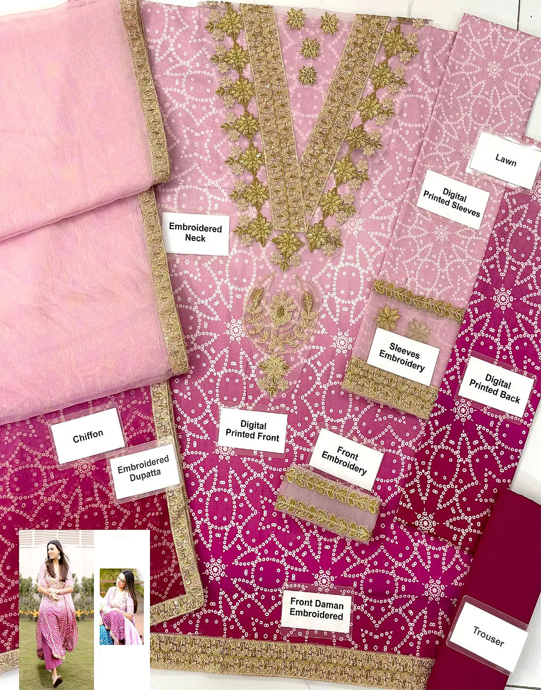 Digital Chunri Print Embroidered Ombre Lawn Dress Design with Chiffon Dupatta