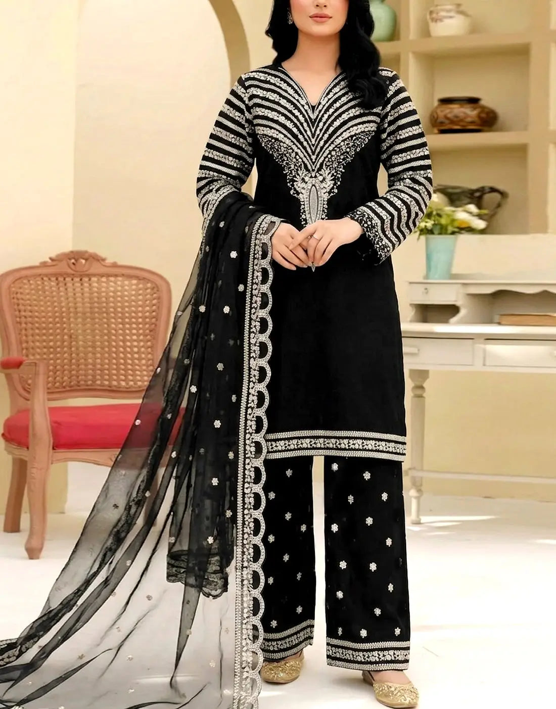 Trendy Embroidered Black Lawn Dress Design with Emb. Organza Dupatta
