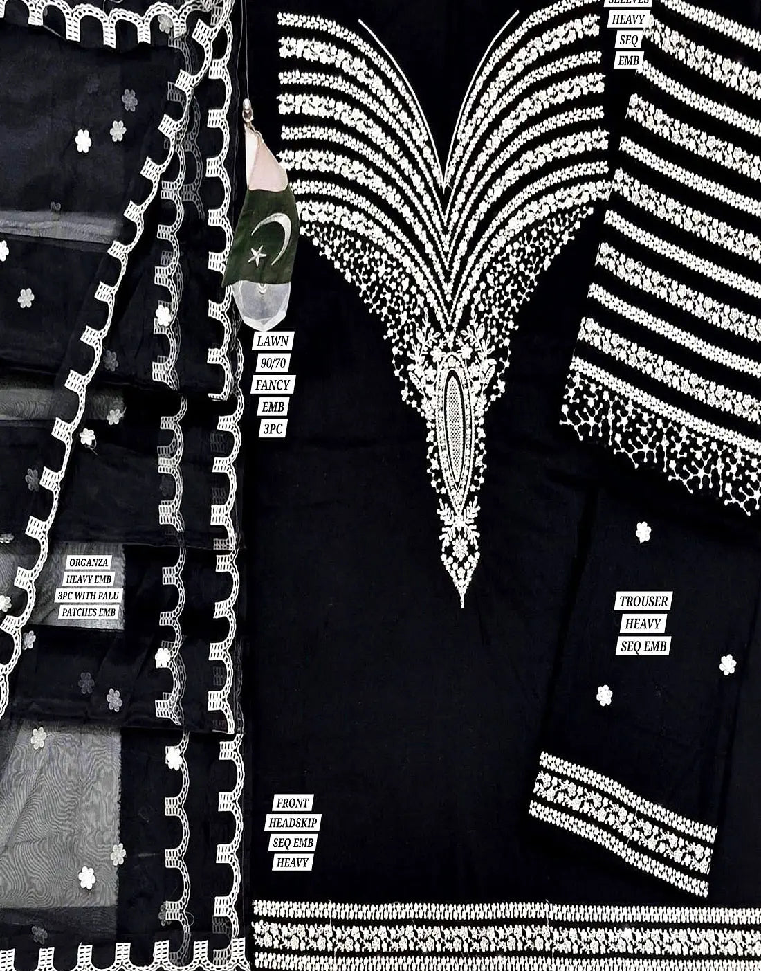 Trendy Embroidered Black Lawn Dress Design with Emb. Organza Dupatta