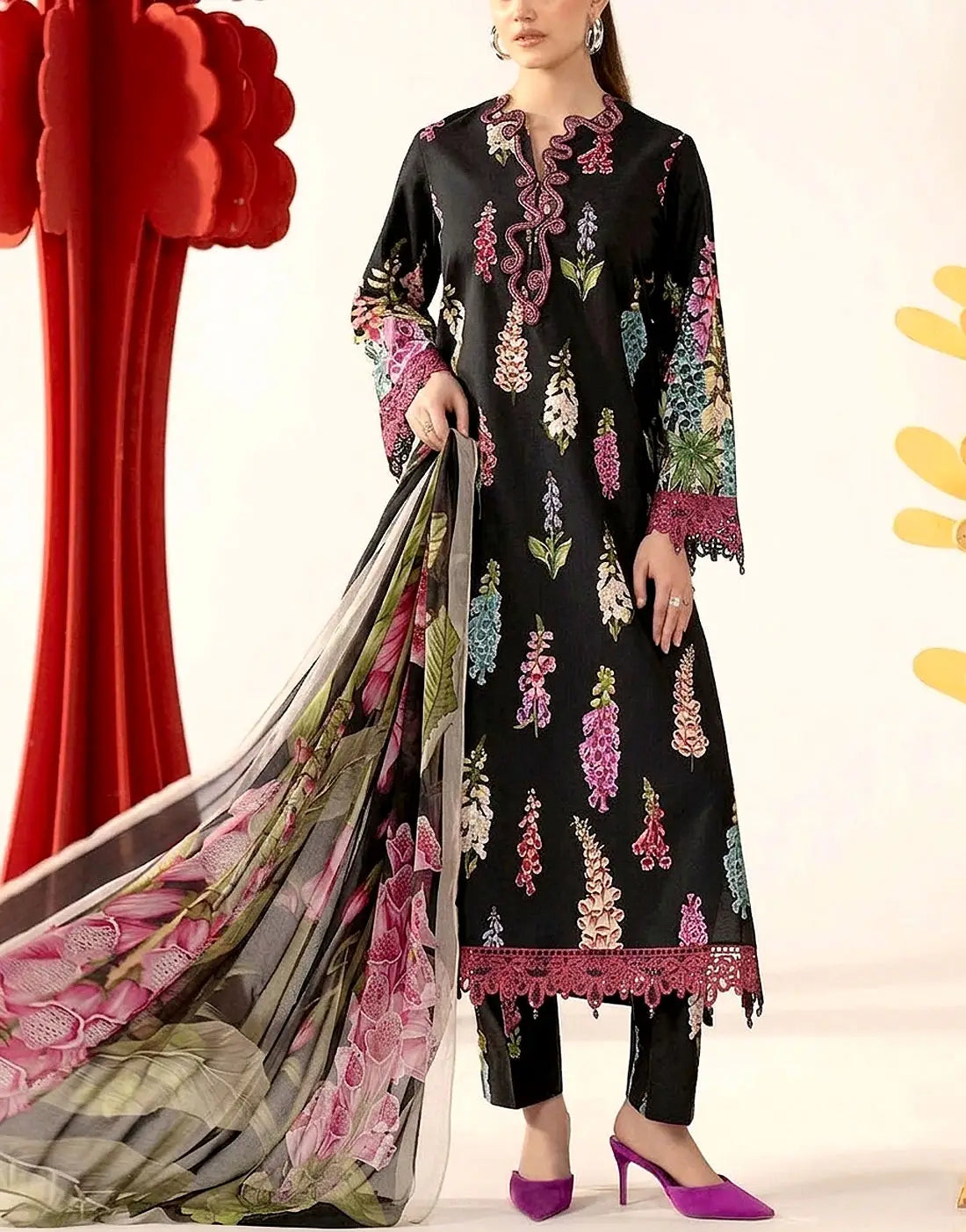 All-Over Print Embroidered Lawn Dress Design with Emb. Chiffon Dupatta