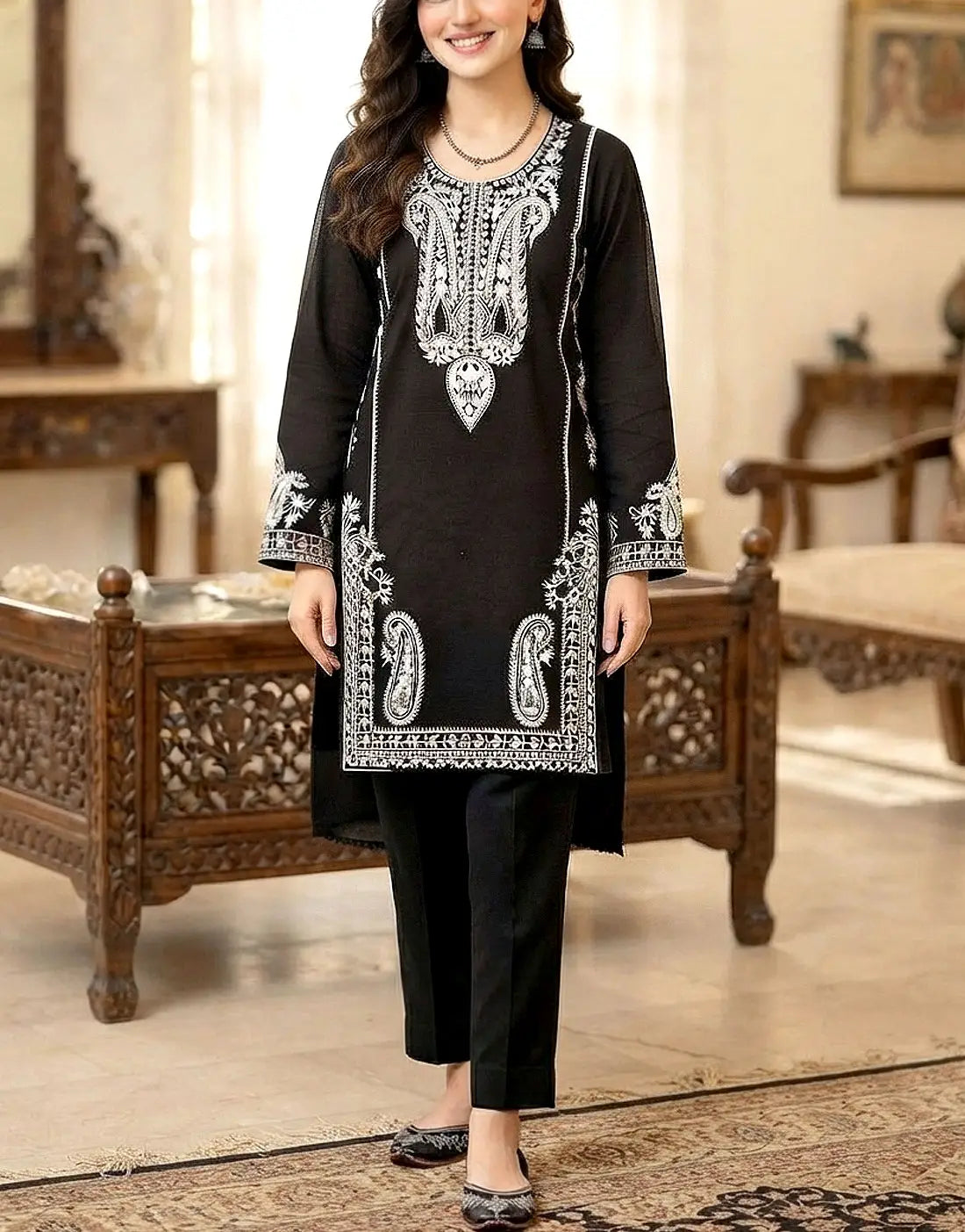 2-Piece Embroidered Black Lawn Dress Design for Girls
