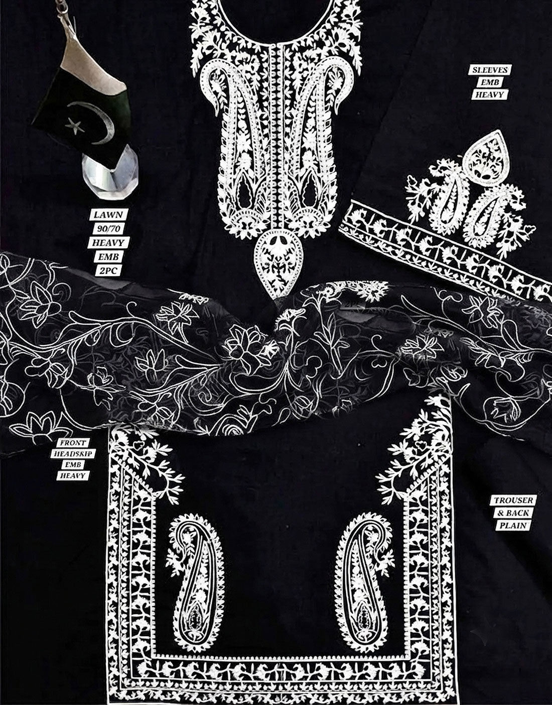 Elegant 3-Piece Embroidered Black Lawn Dress with Emb. Chiffon Dupatta