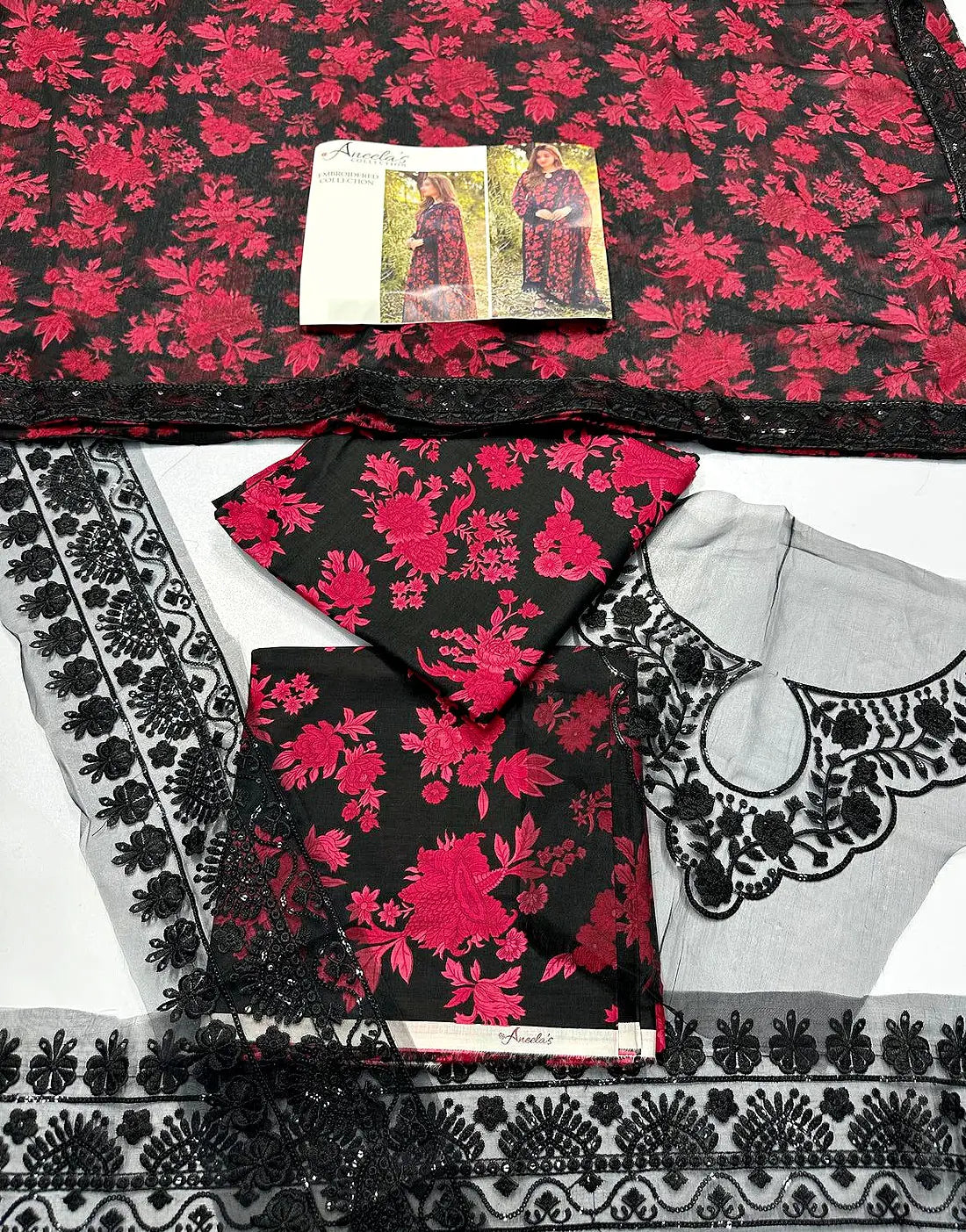 Aneela's All-Over Print Black Embroidered EID Lawn Dress with 4-Side Emb. Chiffon Dupatta