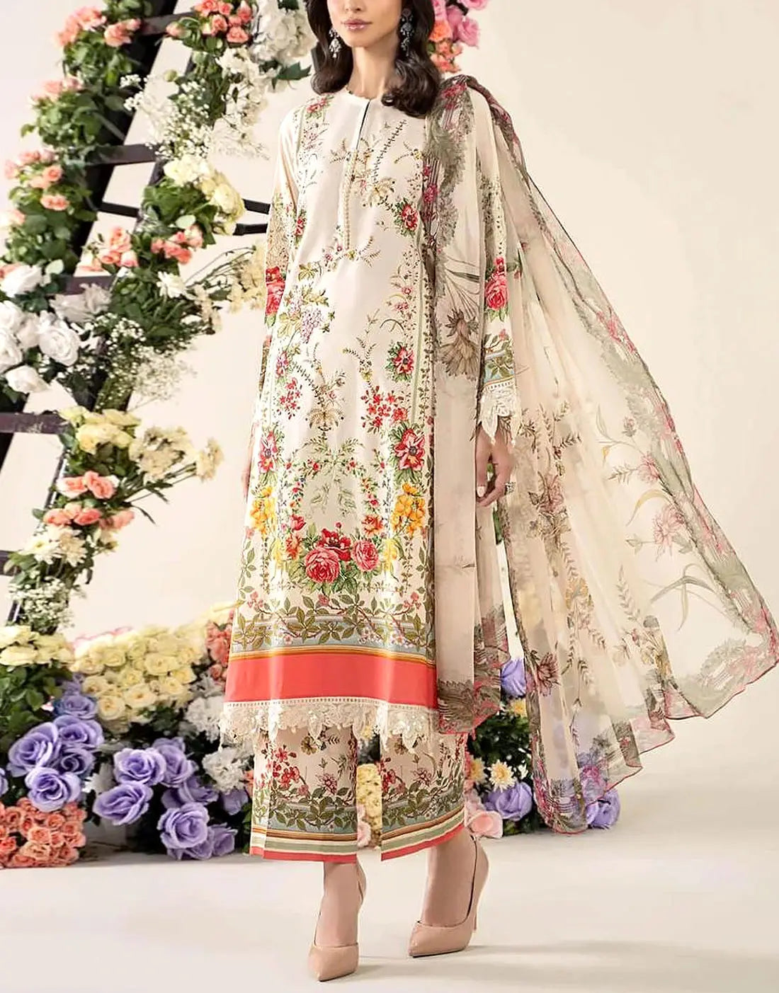 All-Over Print Embroidered EID Lawn Dress with Emb. Chiffon Dupatta