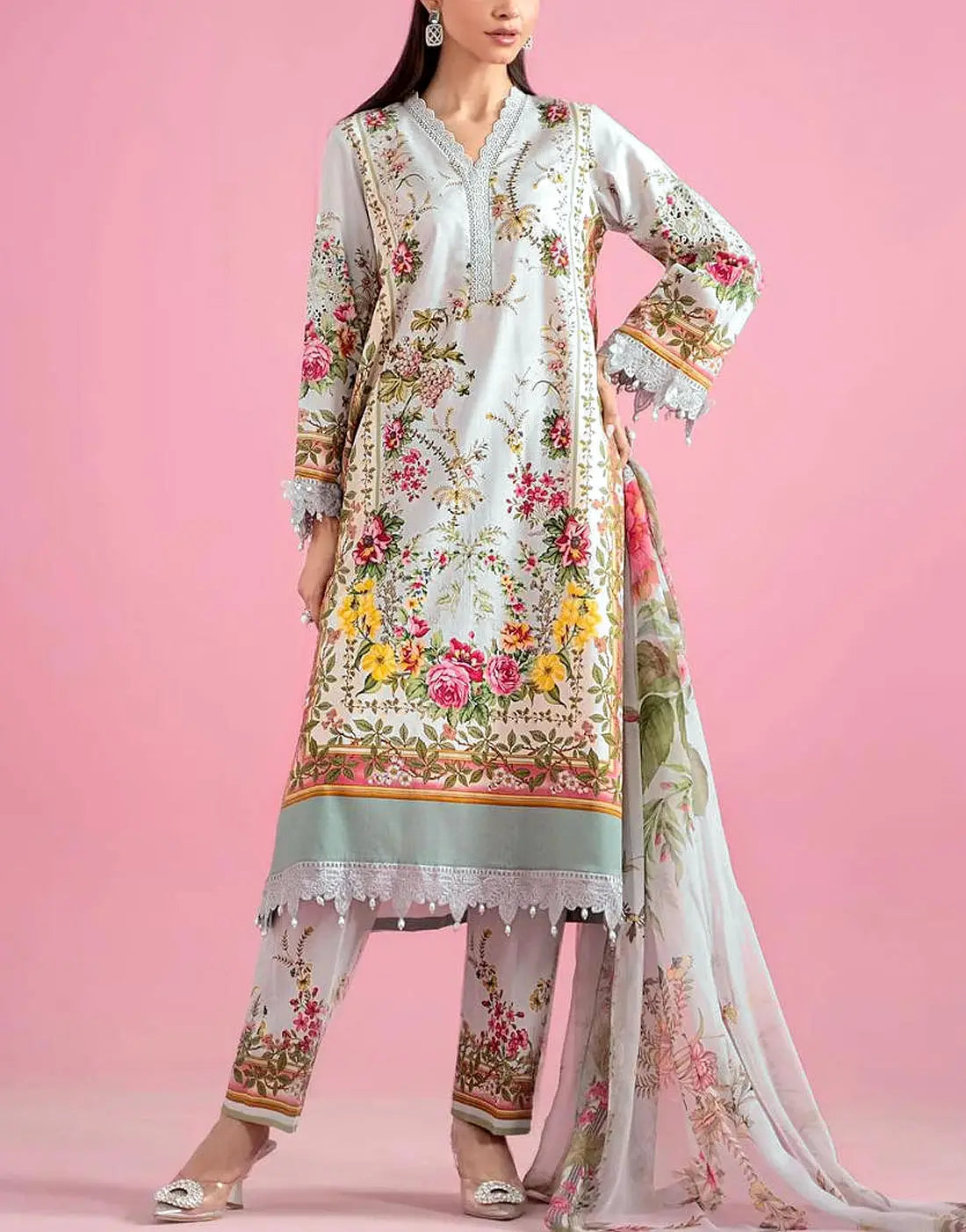 All-Over Print Embroidered EID Lawn Suit with Emb. Chiffon Dupatta