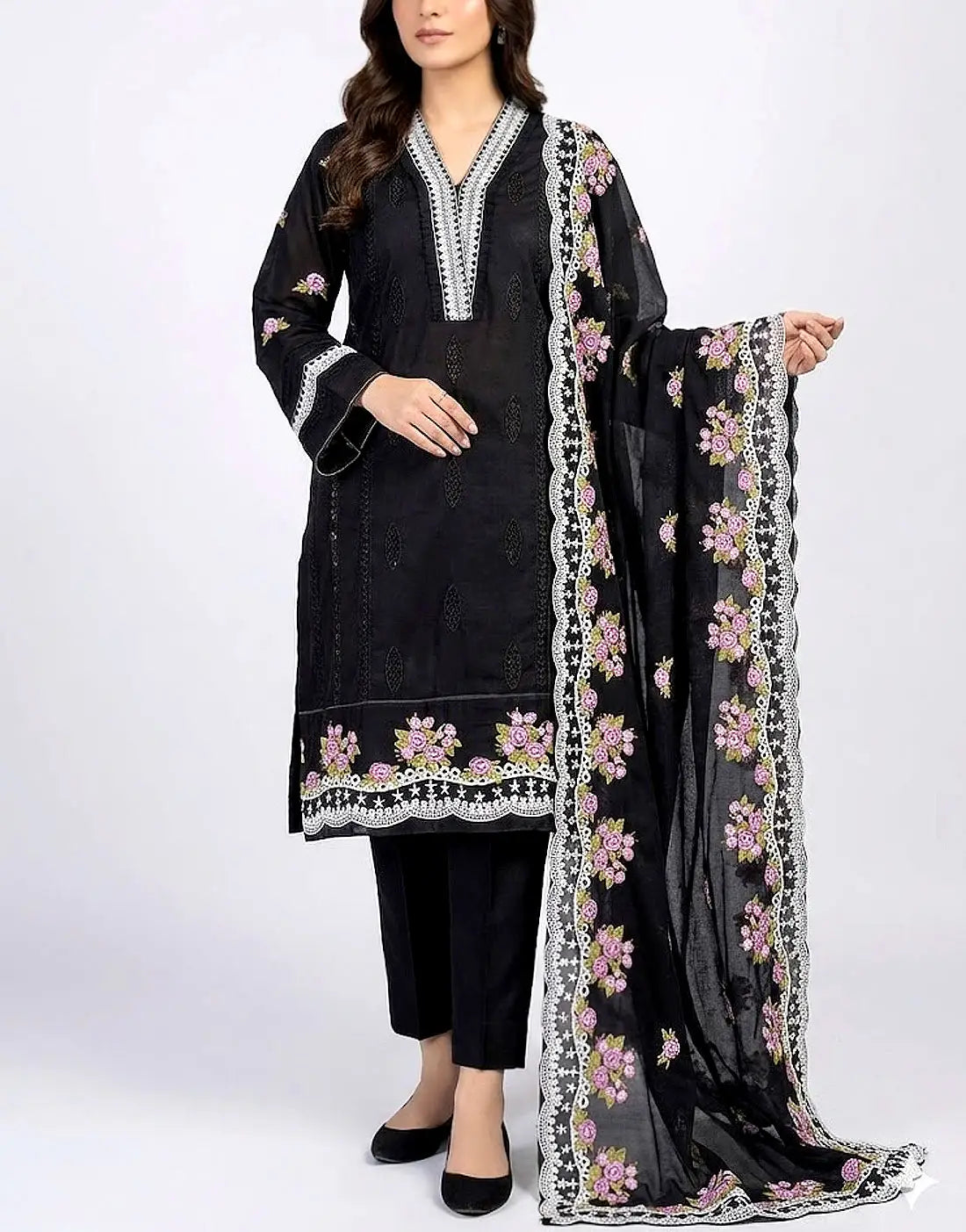 Heavy Schiffli Embroidered Black Lawn Dress for EID with Emb. Chiffon Dupatta