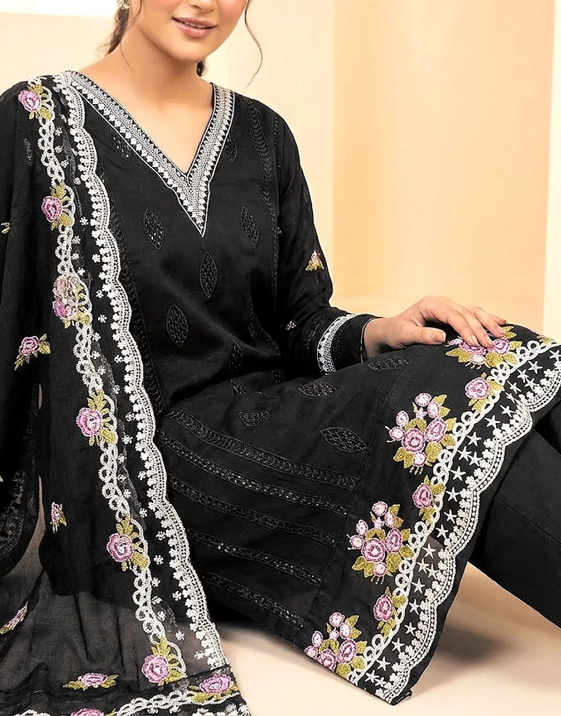 Heavy Schiffli Embroidered Black Lawn Dress for EID with Emb. Chiffon Dupatta