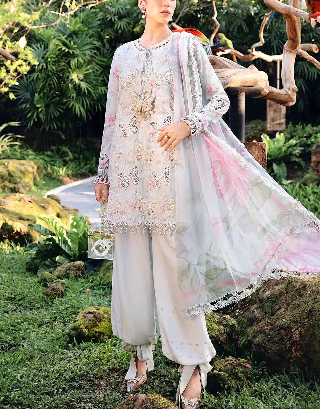 Luxury Butterfly Design Schiffli Embroidered EID Lawn Dress with Emb. Chiffon Dupatta