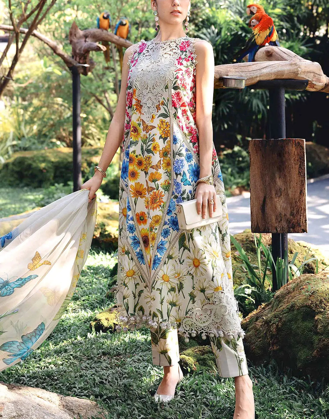 All-Over Sunflower Print Embroidered EID Lawn Dress with Emb. Chiffon Dupatta