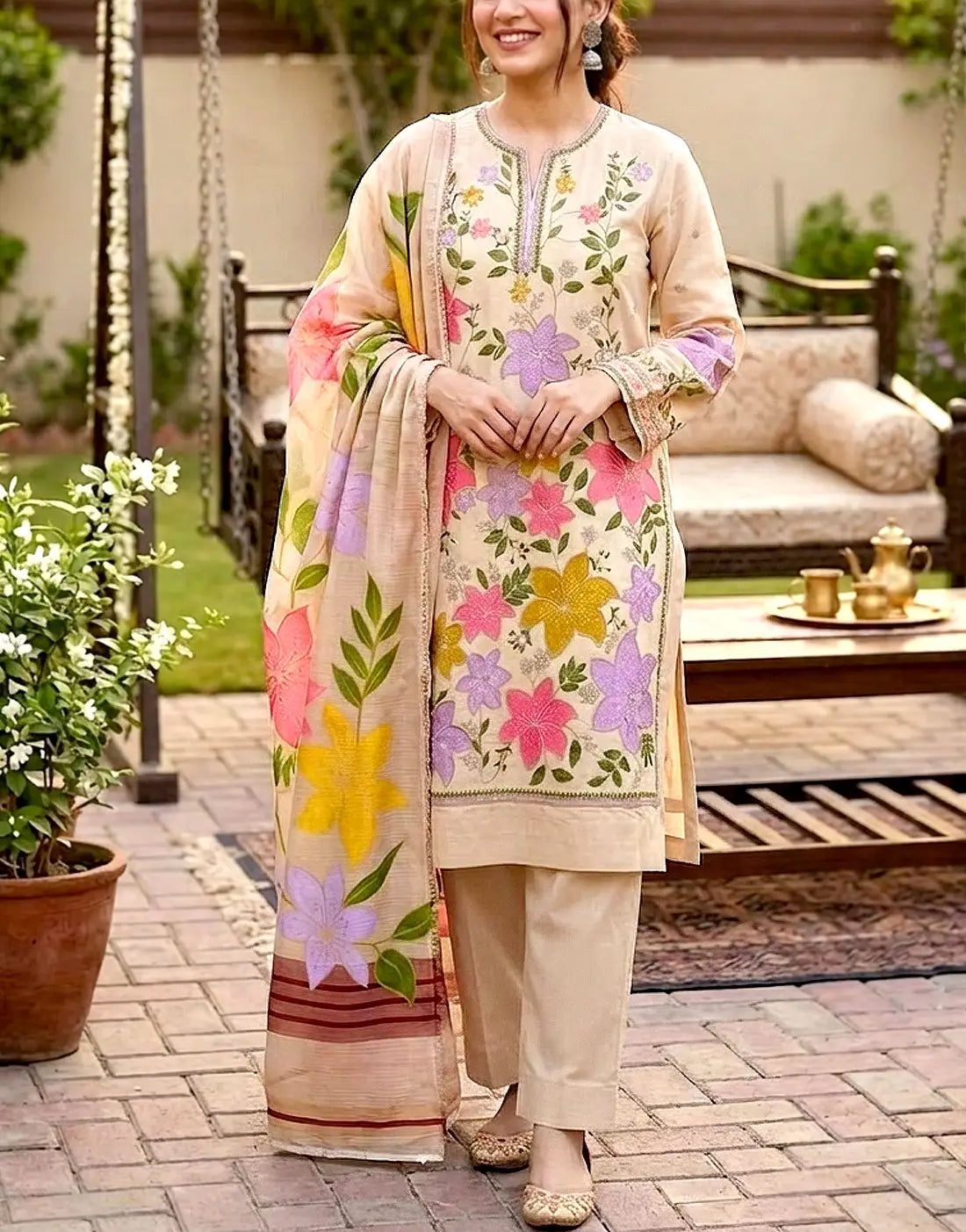 Heavy Floral Embroidered Lawn Suit with Digital Print Banadora Dupatta