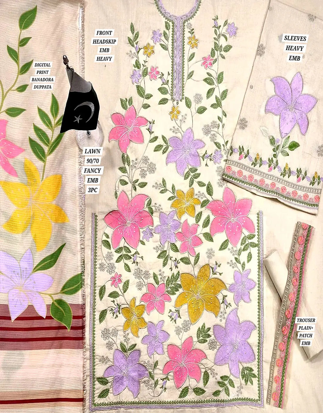 Heavy Floral Embroidered Lawn Suit with Digital Print Banadora Dupatta