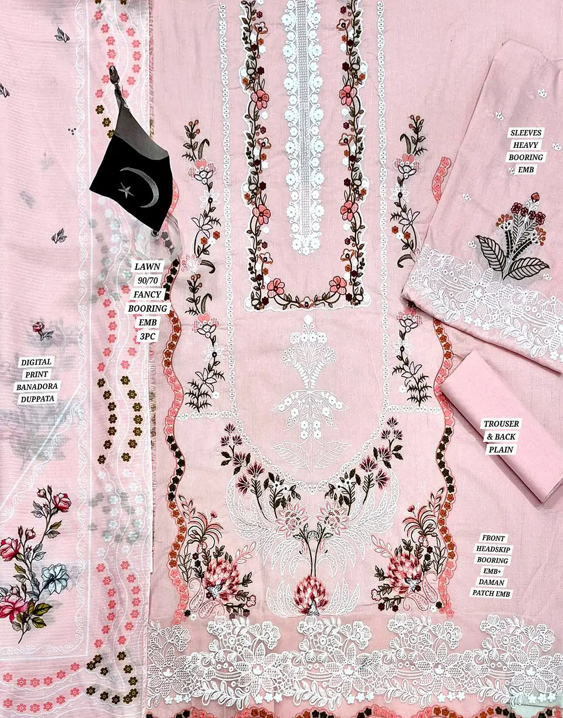 Heavy Embroidered Lawn Dress Design with Digital Print Banadora Dupatta