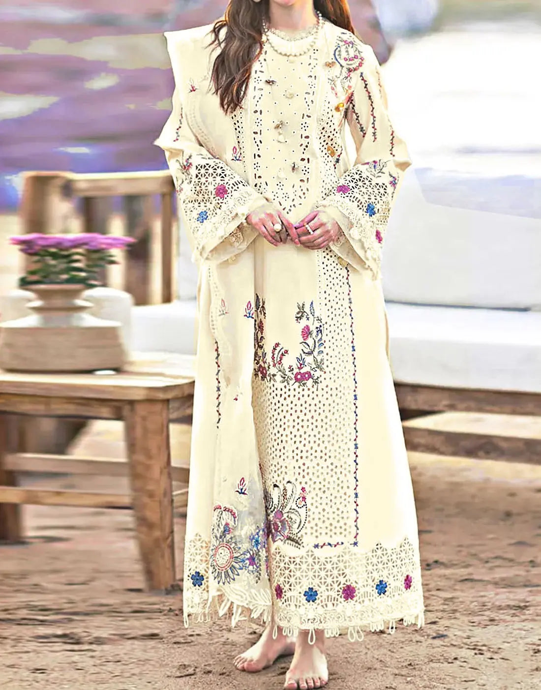 Exquisite Schiffli Embroidered Dhanak Dress with Banadora Shawl