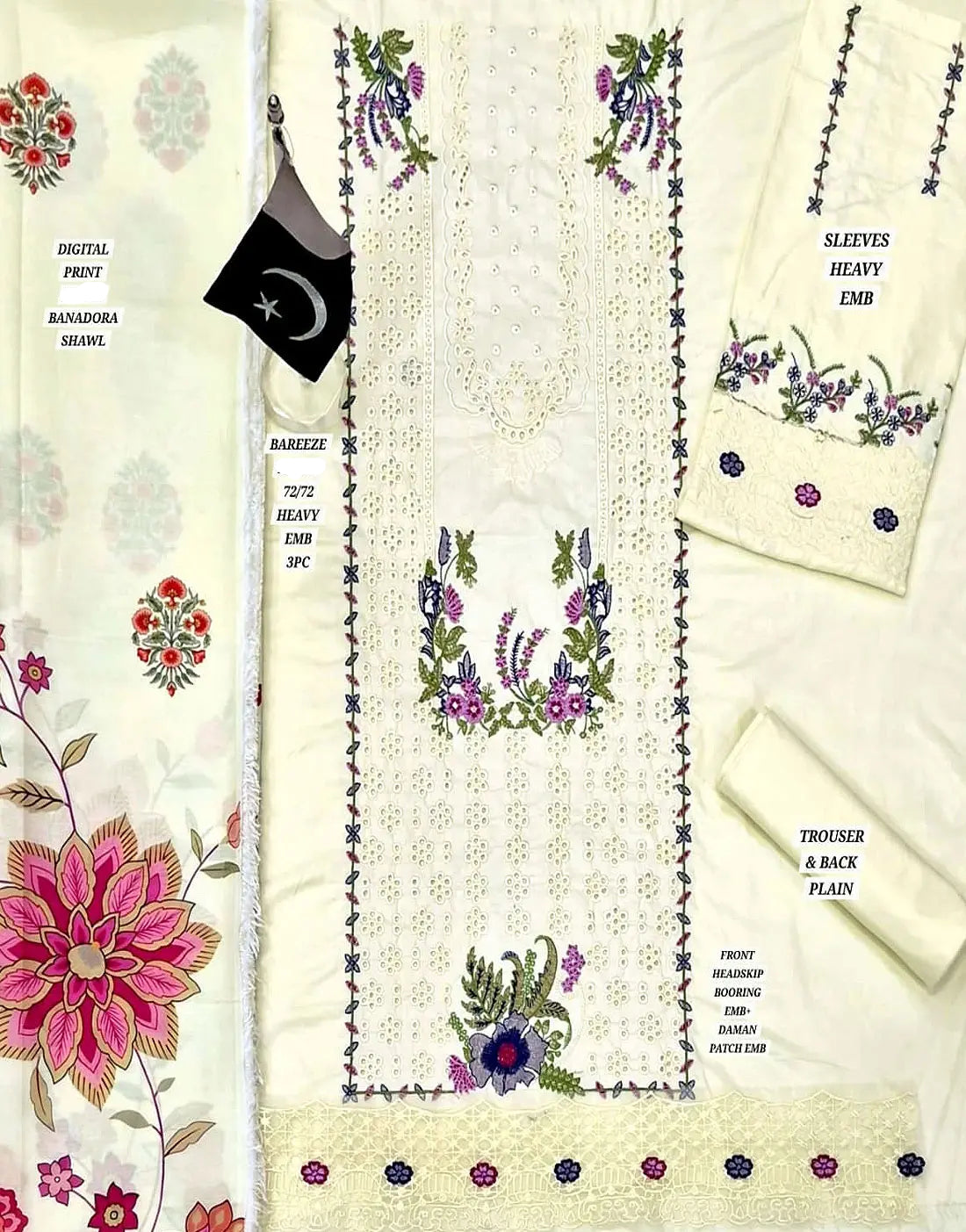 Exquisite Schiffli Embroidered Dhanak Dress with Banadora Shawl