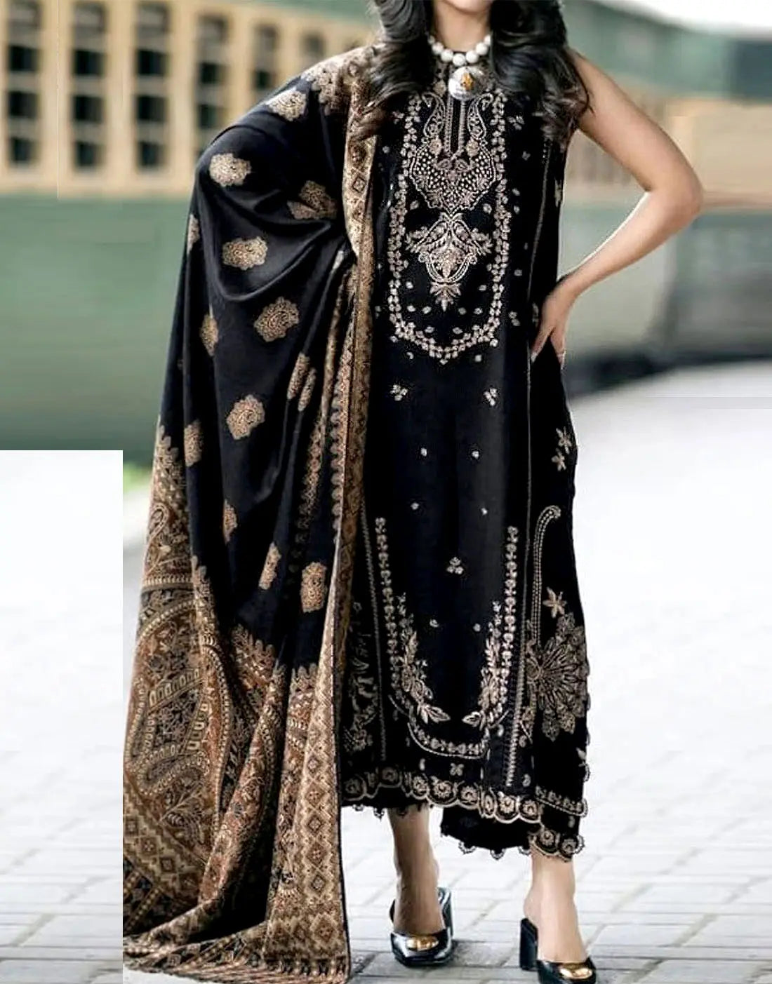 Stunning Heavy Embroidered Black Linen Dress for Winter Season