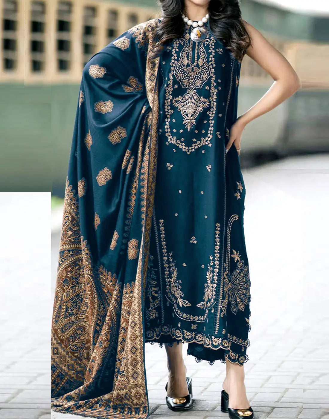 Alluring Heavy Embroidered Zinc Color Linen Suit for Daily Wear