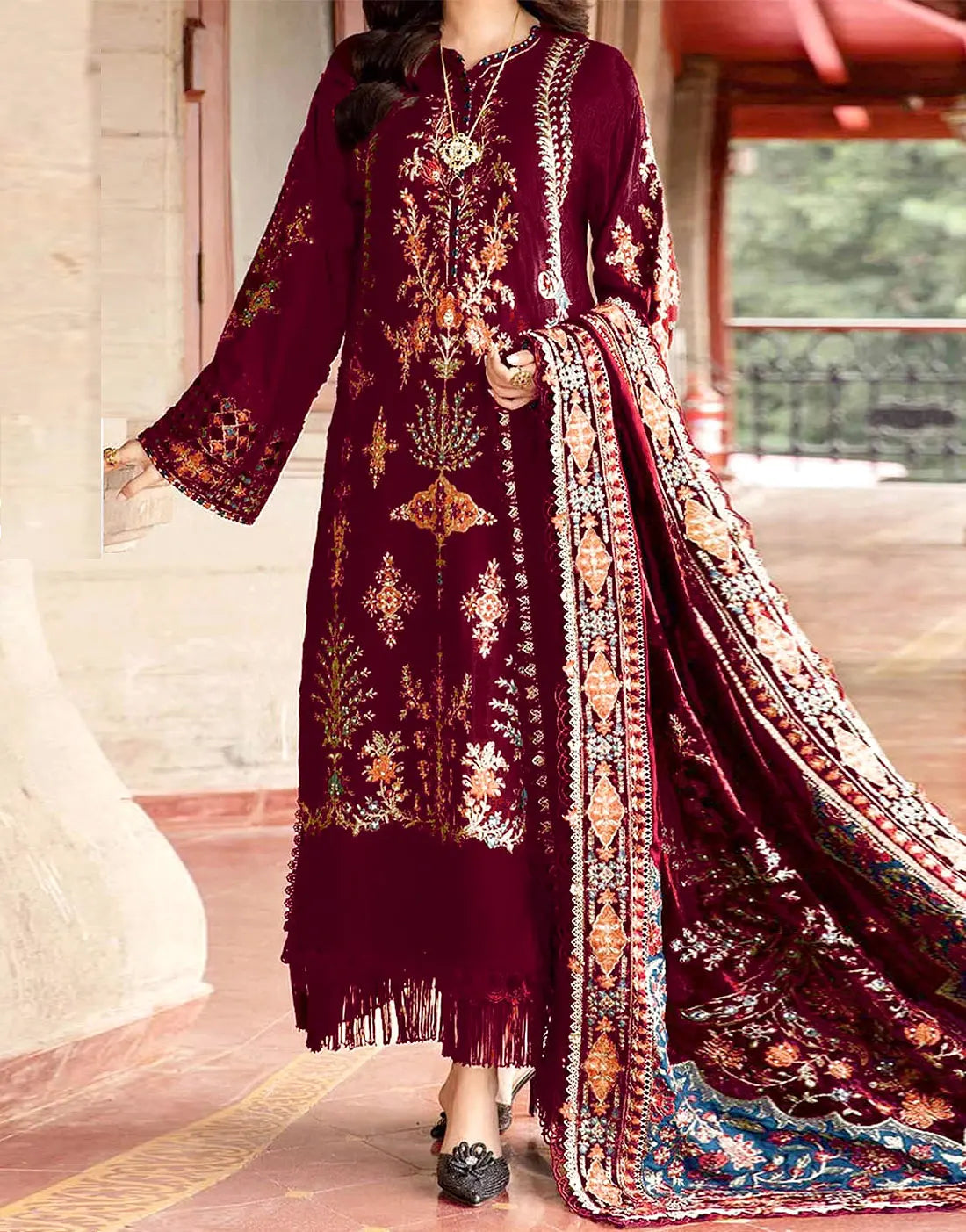 Graceful Heavy Embroidered Burgundy Color Linen Dress for Winter