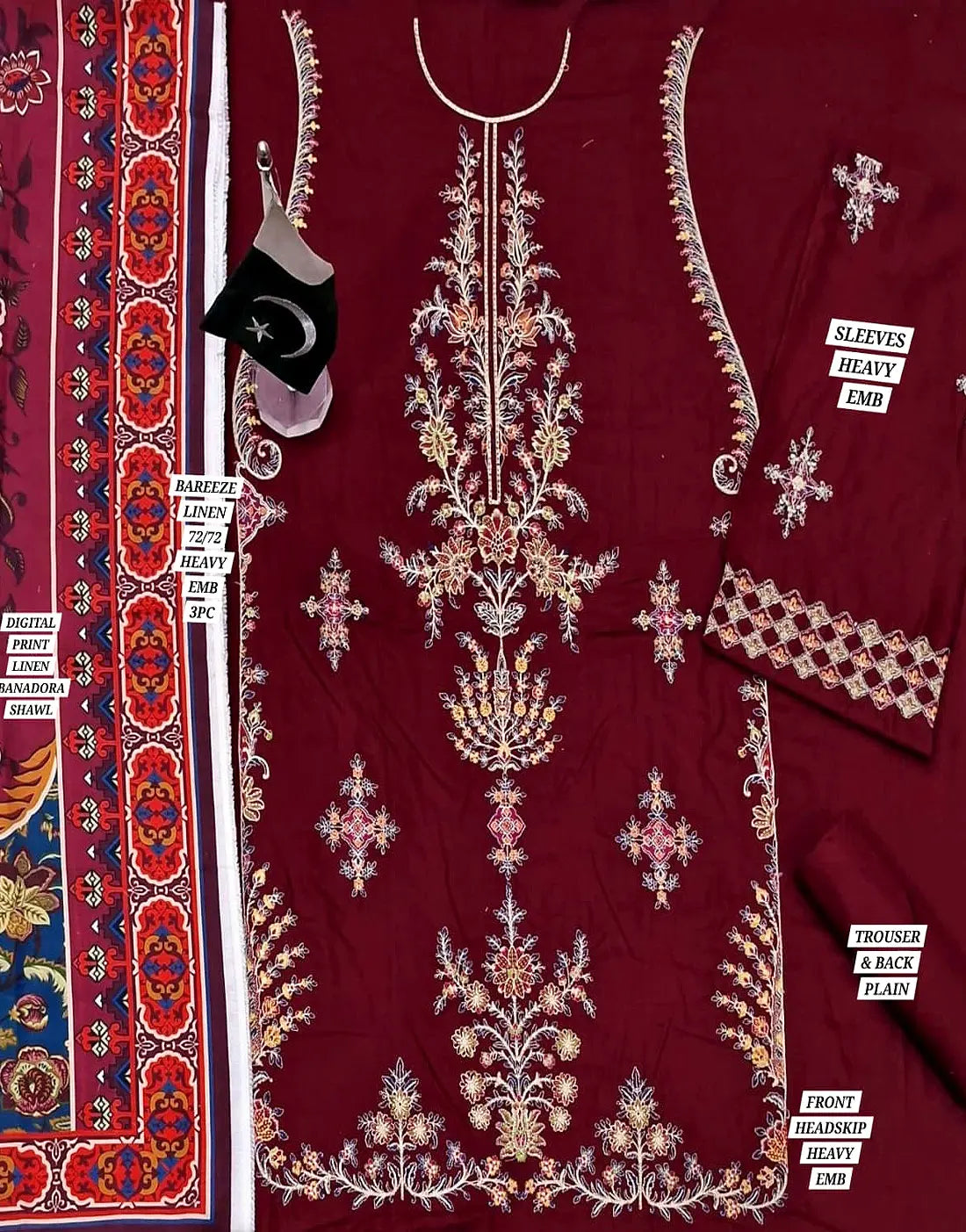 Graceful Heavy Embroidered Burgundy Color Linen Dress for Winter