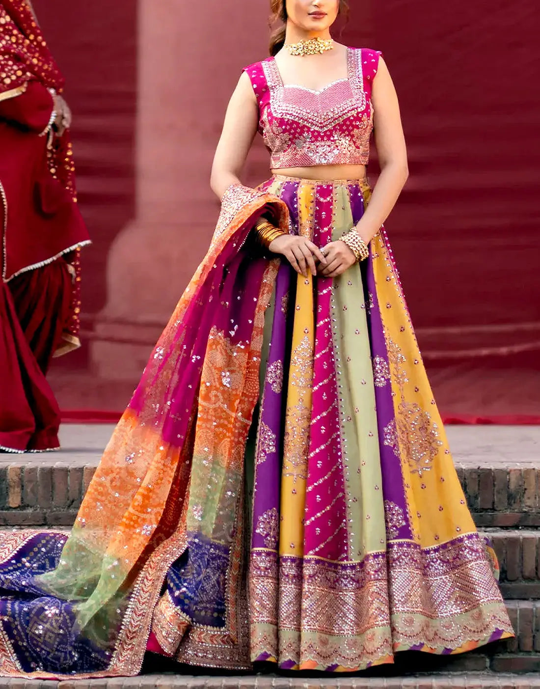 Heavy Embroidered Multicolor Raw Silk Bridal Maxi Dress with Chunri Print Emb. Organza Dupatta