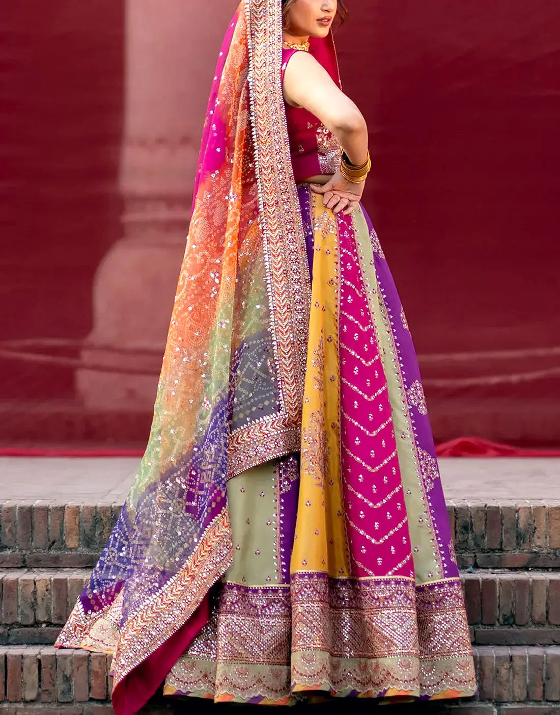 Heavy Embroidered Multicolor Raw Silk Bridal Maxi Dress with Chunri Print Emb. Organza Dupatta