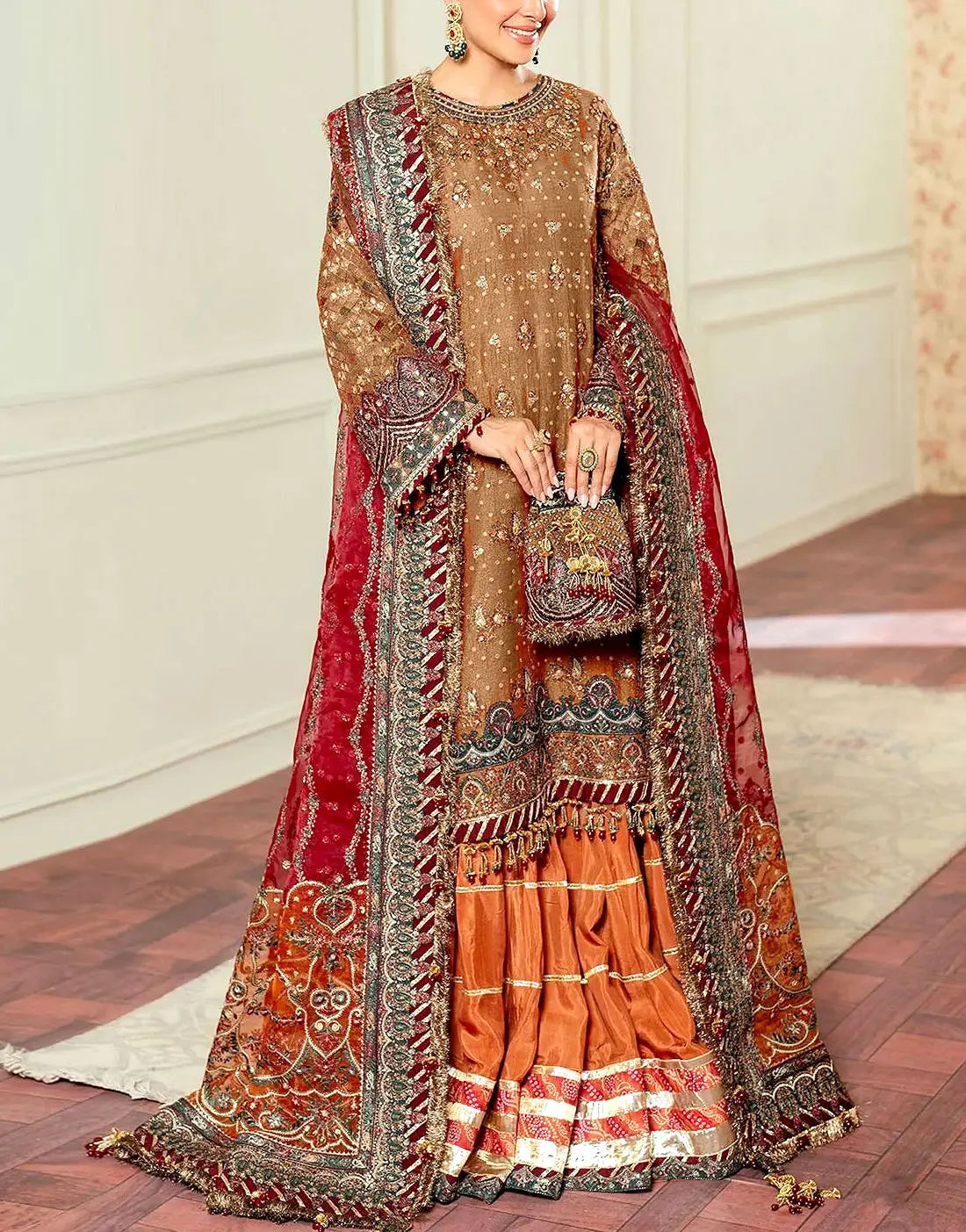 Luxury Embroidered Rusty Gold Khaddi NET Bridal Dress with Rich Embelishments