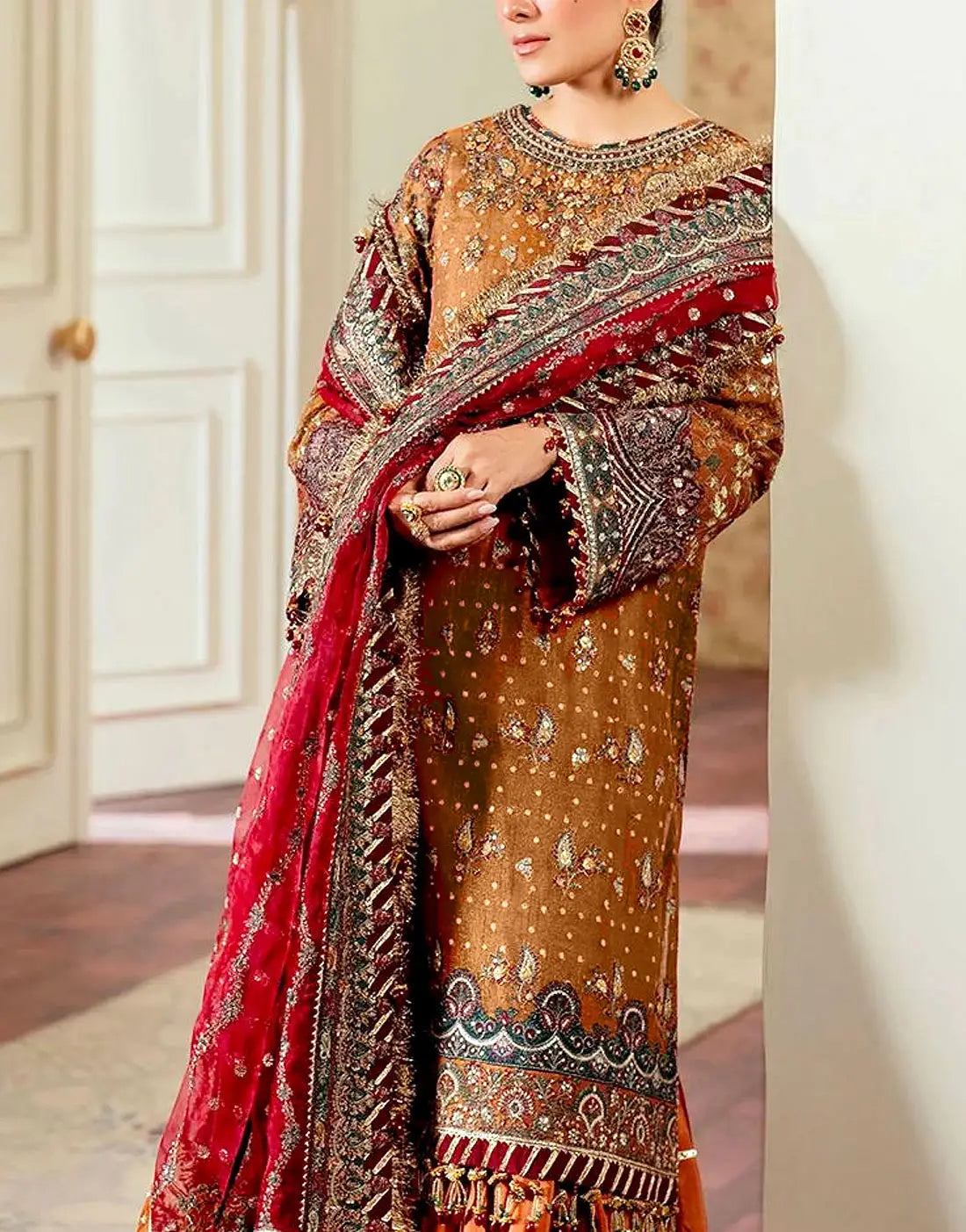 Luxury Embroidered Rusty Gold Khaddi NET Bridal Dress with Rich Embelishments