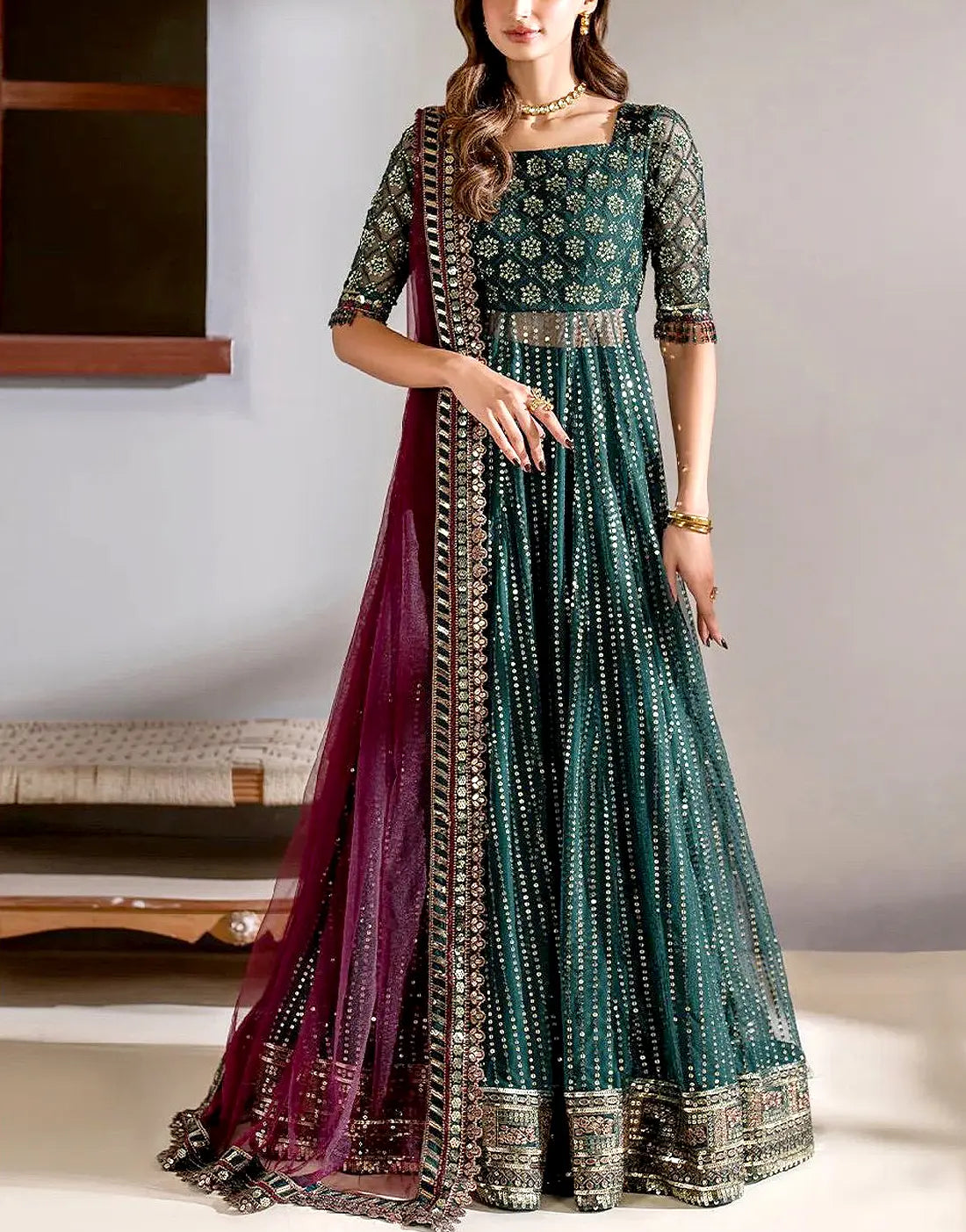 Luxury Embroidered Zinc Green Net Maxi Frock for Party & Wedding Wear