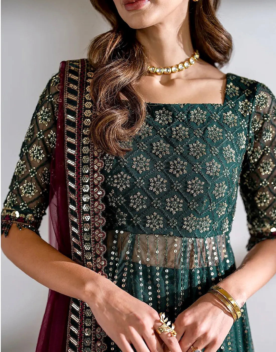 Luxury Embroidered Zinc Green Net Maxi Frock for Party & Wedding Wear